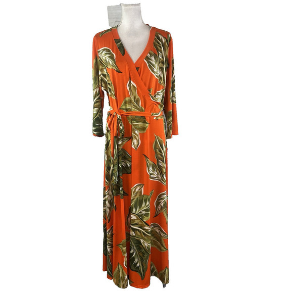 Mlle Gabrielle Dress Plus sz 3X Orange Tropical Slinky Midi Modest Wedding Beach - Picture 1 of 16